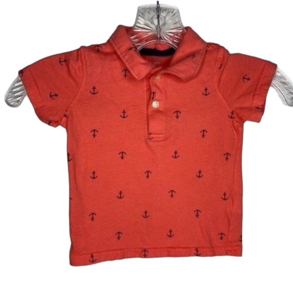 5/$15 Carters Pink Blue Nautical Anchor Print Short Sleeve Polo Cotton 18 months